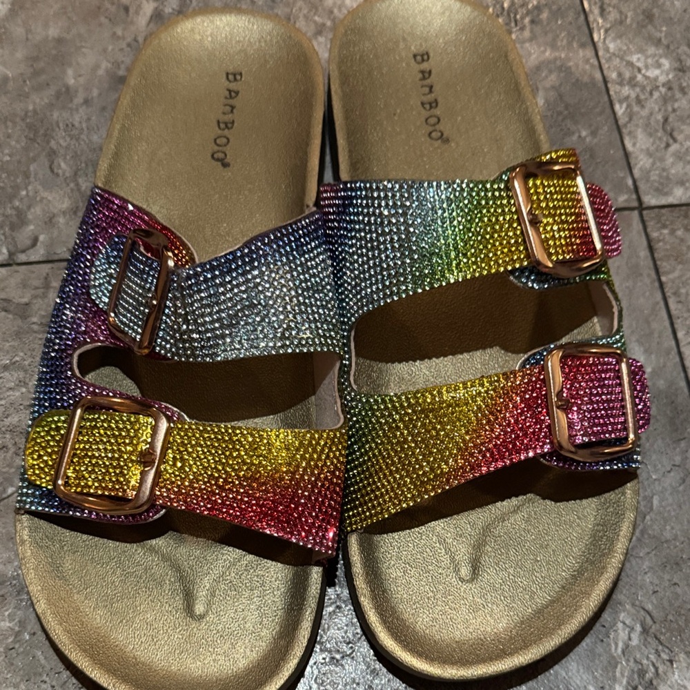 BAMBOO Rainbow Sparkle Double Buckle Mules